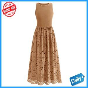 Sleeveless A-Line Maxi Dress with Pockets, Lace Eyelet, Cotton, Boho